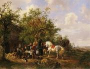 Wouterus Verschuur Compagny with horses and dogs at an inn oil